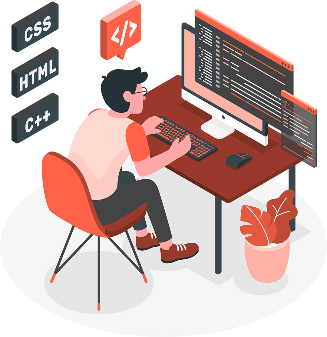 Illustration of a developer, working on his desktop